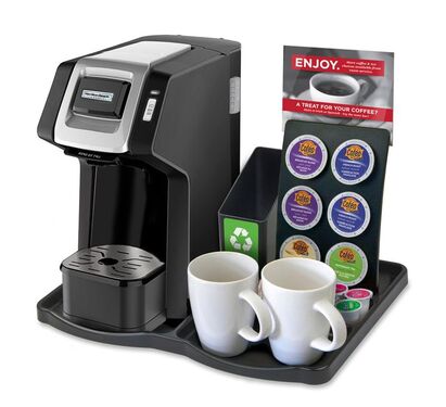 KT130 Brewer Tray  - Hamilton Beach HDC311 Hotel Guest Room Brewer on Tray with SCF6 6 Hole K-Cup Display, SCB1 Spent Bin