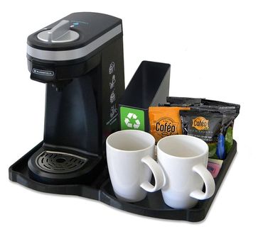KT9i Hotel Guest Room Small Brewer Tray with SCB1 Spent Bin and Overwrap Pods